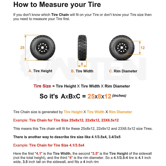 Snow Tire Chain For Tire Size 20x8x8 20x8x10 2-Link spacing